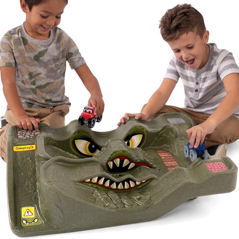 SIMPLAY3 Title: Monster City Extreme Wheels Car Race Track Table - 2 Sided Portable Kids Play Table with 2 Race Trucks - Green - Made in USA - Image 1